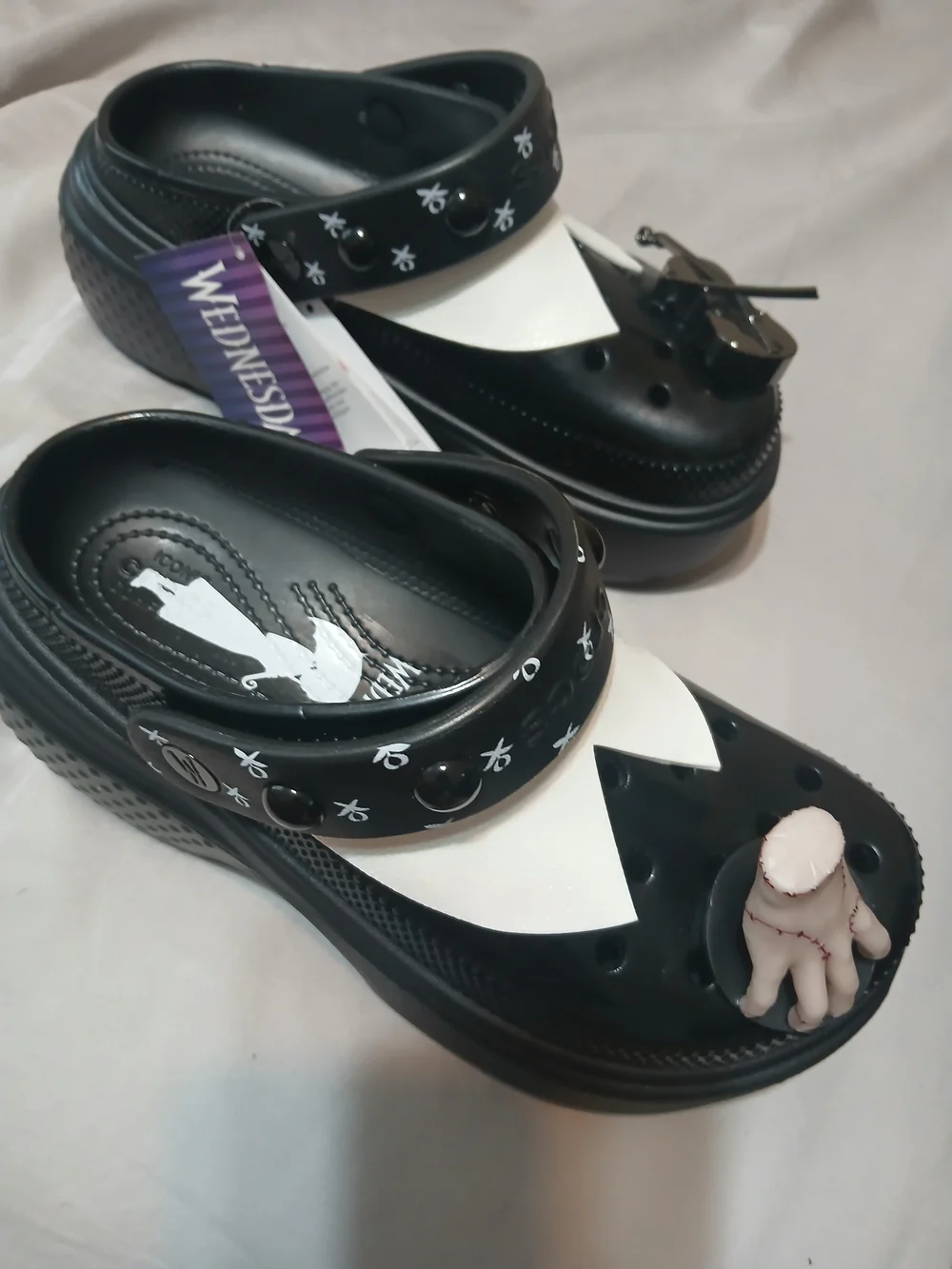 CROCS Black and White Platform Mary Jane Clogs with Detachable Hand Charm
